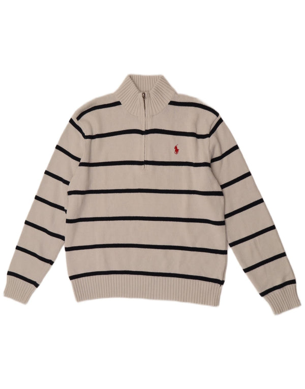Polo Ralph Lauren Mens Zip Neck Jumper Sweater Small White Striped Cotton