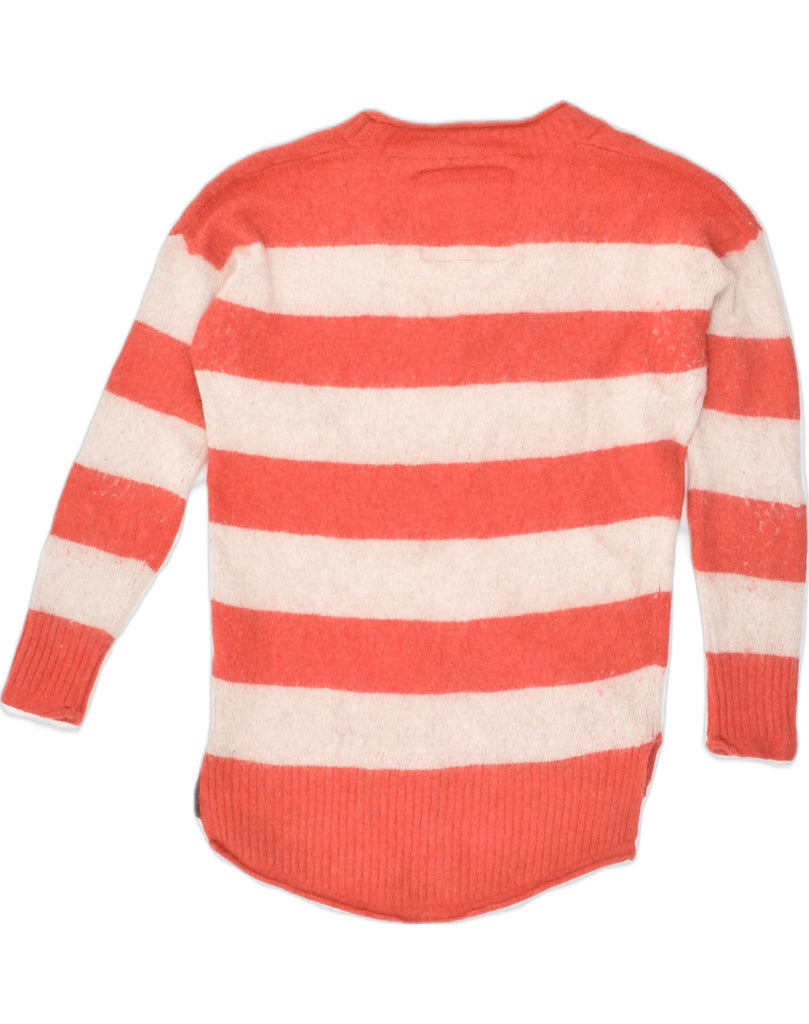 SUPERDRY Womens V-Neck Jumper Sweater UK 14 Medium Orange Striped Wool | Vintage Superdry | Thrift | Second-Hand Superdry | Used Clothing | Messina Hembry 