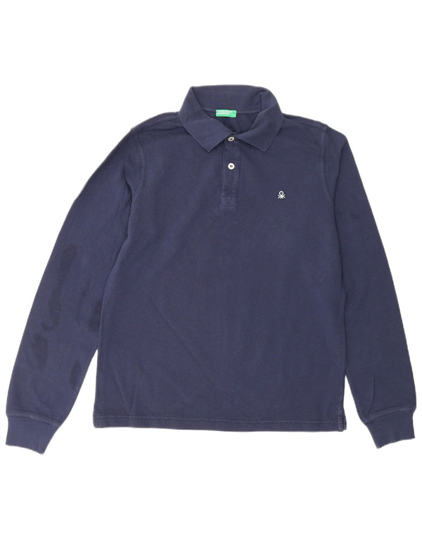 BENETTON Boys Long Sleeve Polo Shirt 13-14 Years 3XL Navy Blue Cotton