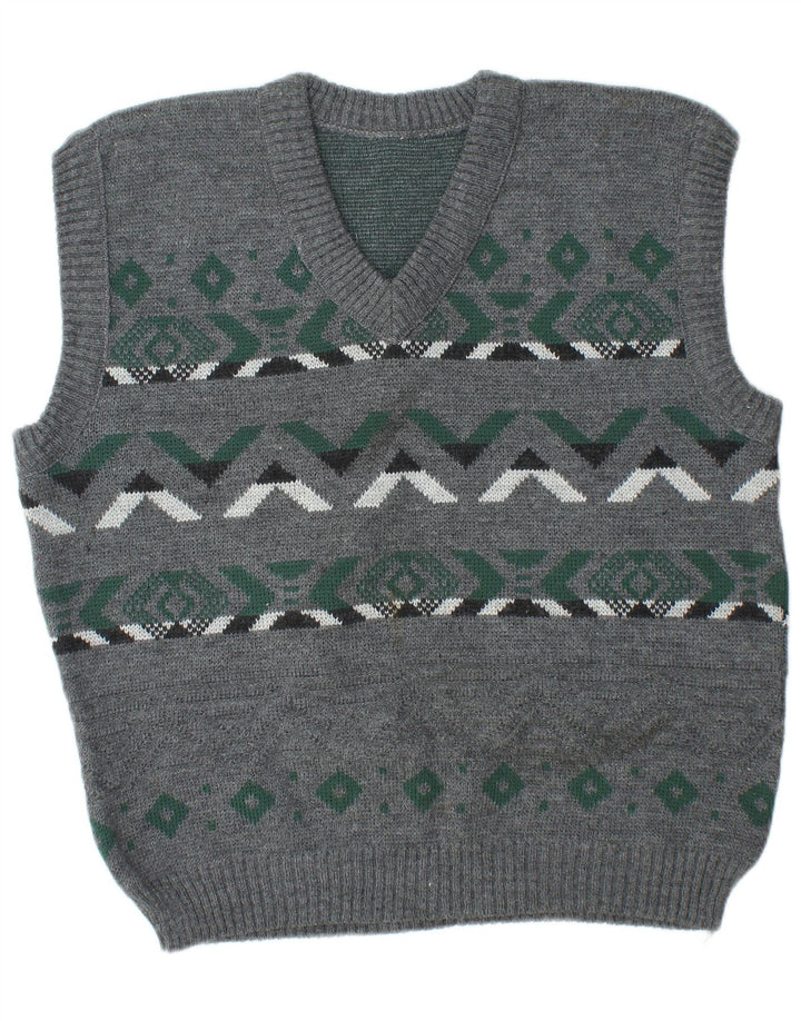 Vintage Mens Vest Tank Top Large Grey Fair Isle