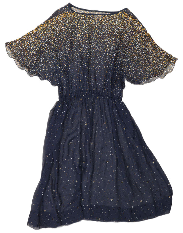 VINTAGE Womens Batwing Maxi Dress UK 18 XL Navy Blue Spotted Acetate