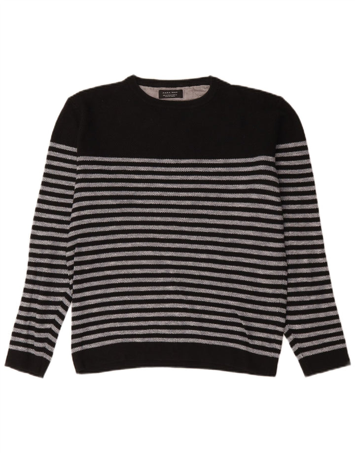 Zara Mens Crew Neck Jumper Sweater Medium Black Striped