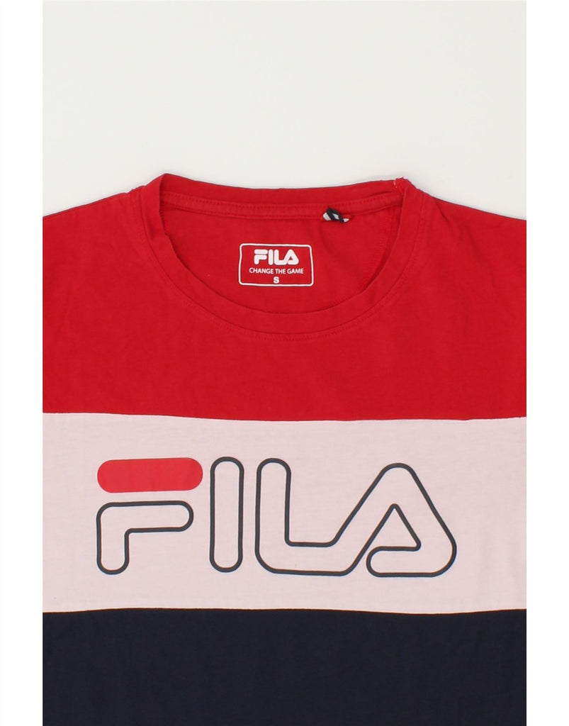 FILA Womens Graphic T-Shirt Top UK 10 Small Red Colourblock Cotton | Vintage Fila | Thrift | Second-Hand Fila | Used Clothing | Messina Hembry 