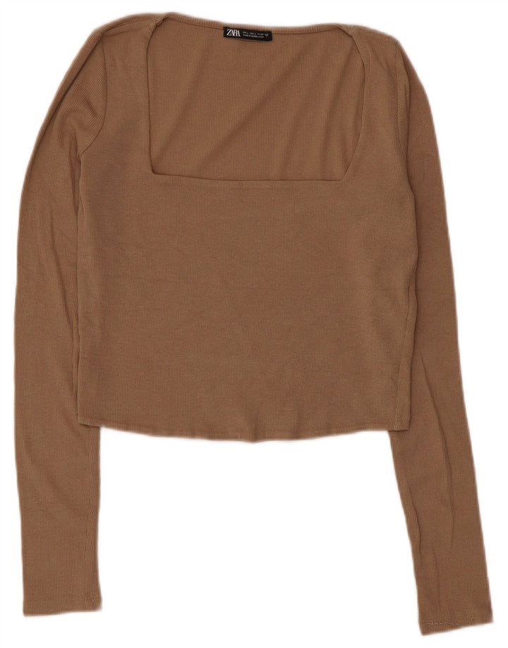 Zara Womens Crop Top Long Sleeve UK 14 Large Grey Cotton