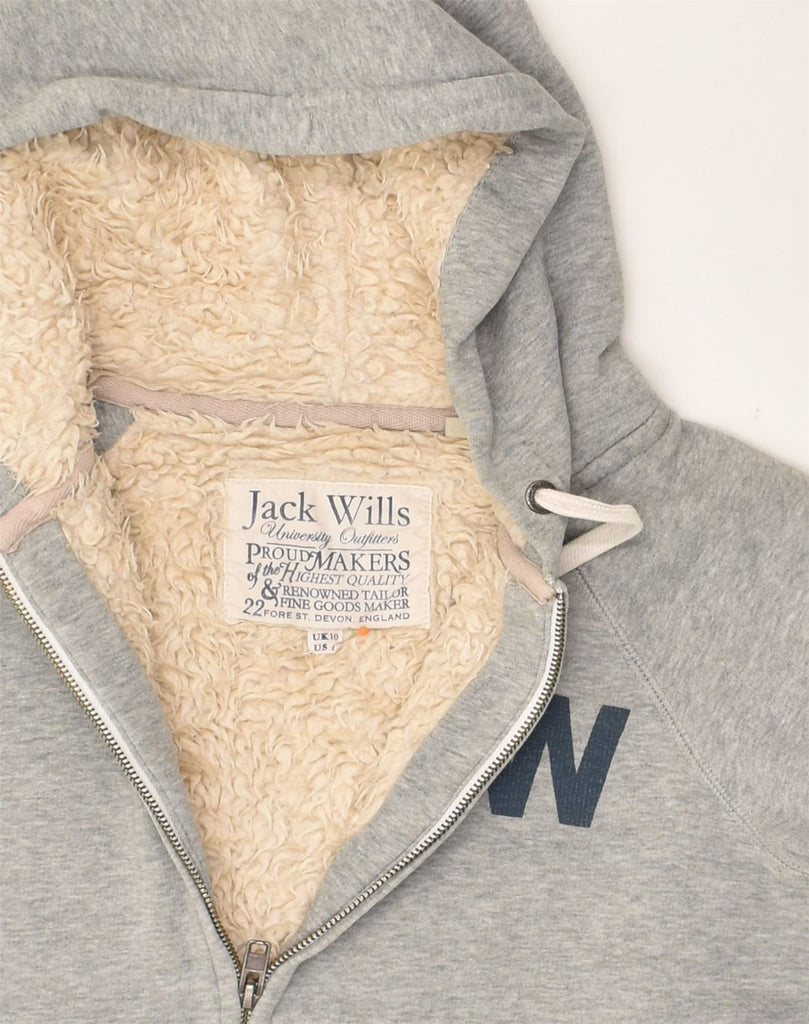 JACK WILLS Womens Sherpa Graphic Zip Hoodie Sweater UK 10 Small Grey | Vintage Jack Wills | Thrift | Second-Hand Jack Wills | Used Clothing | Messina Hembry 