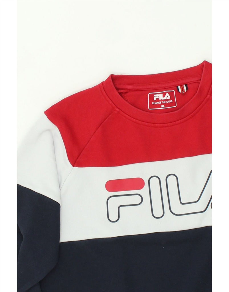 FILA Boys Graphic Sweatshirt Jumper 13-14 Years Navy Blue Colourblock | Vintage Fila | Thrift | Second-Hand Fila | Used Clothing | Messina Hembry 