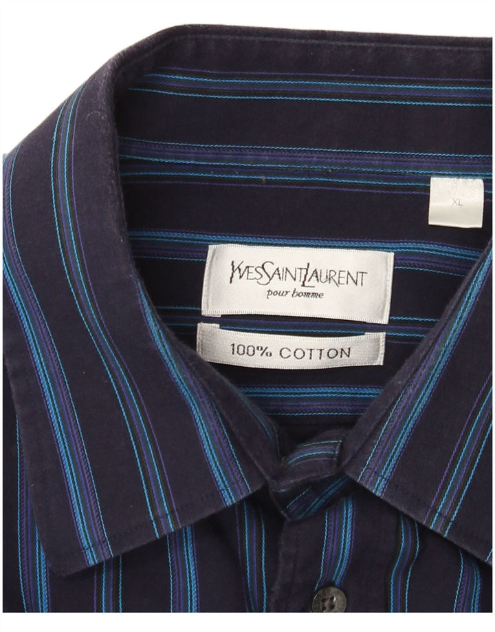 Yves Saint Laurent Mens Shirt XL Navy Blue Striped Cotton
