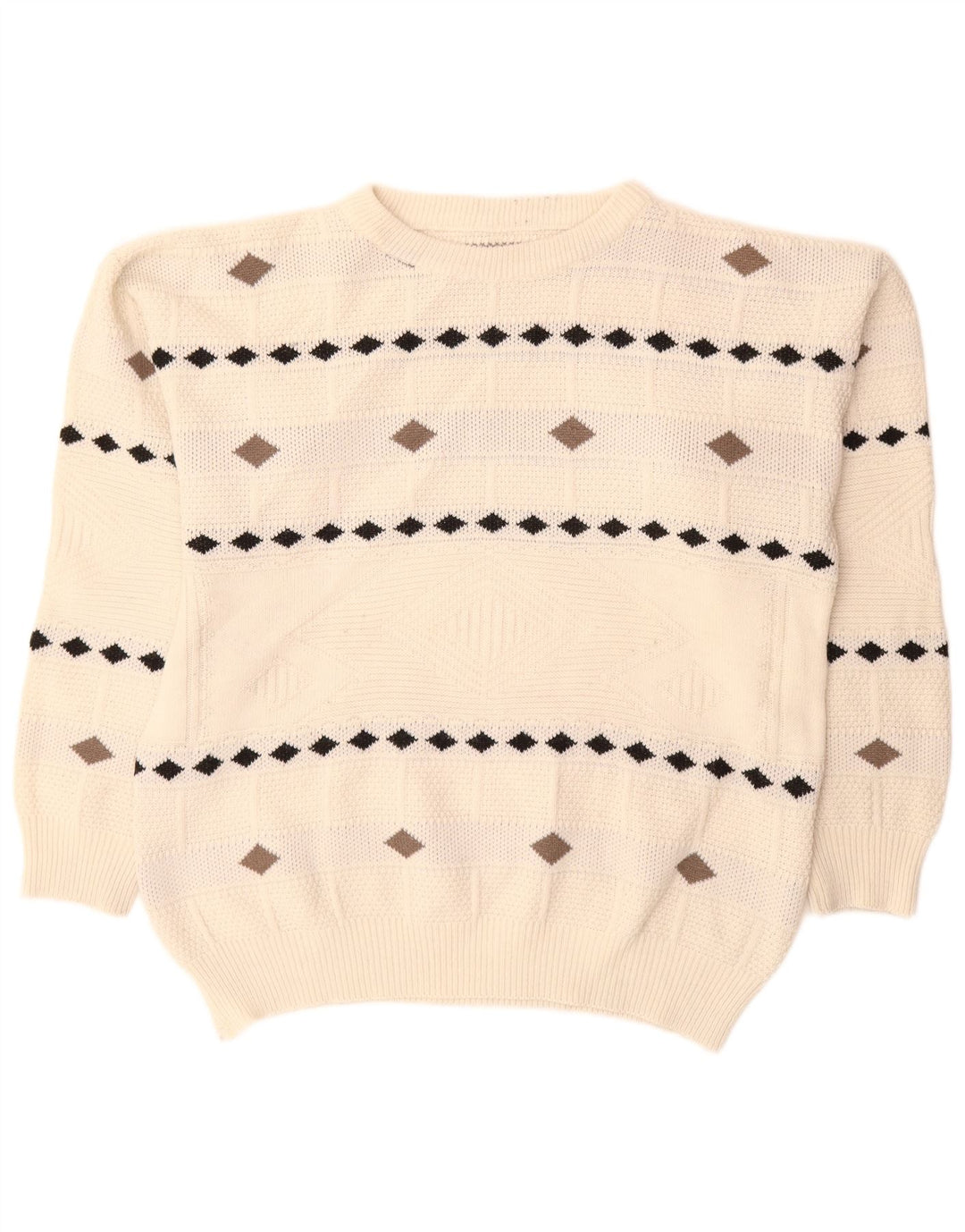 Vintage Mens Crew Neck Jumper Sweater XL White Argyle/Diamond