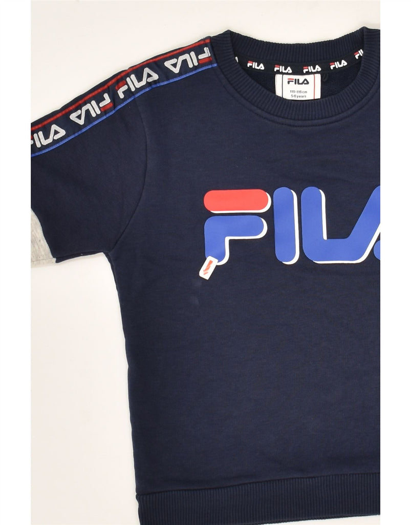 FILA Boys Graphic Sweatshirt Jumper 5-6 Years Navy Blue Colourblock Cotton | Vintage Fila | Thrift | Second-Hand Fila | Used Clothing | Messina Hembry 