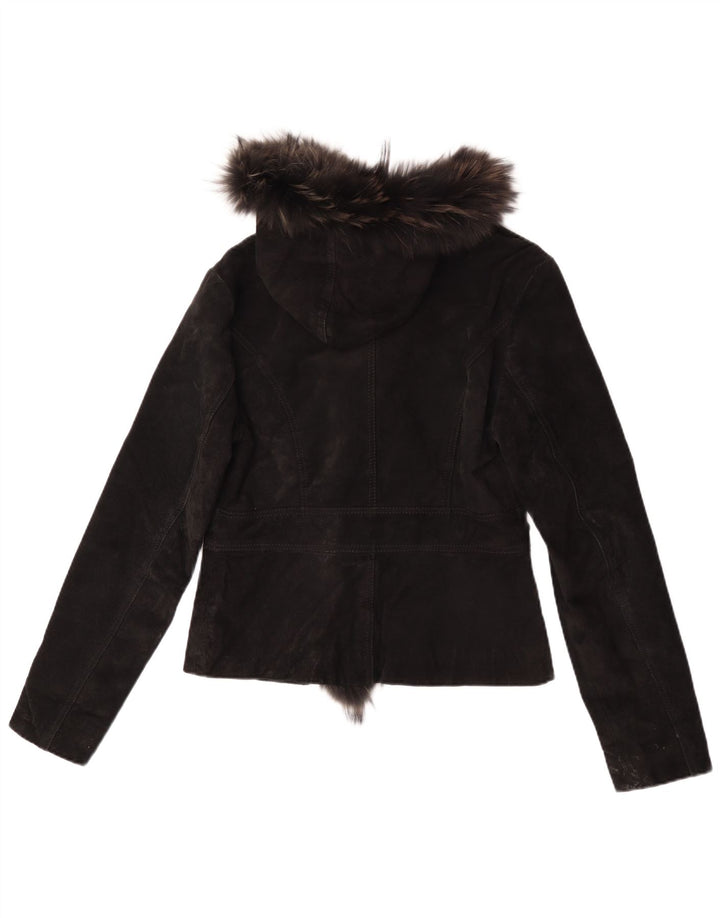 Vintage Womens Hooded Suede Jacket UK 14 Large Black Leather