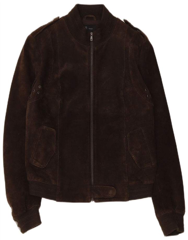 OVS Womens Military Suede Bomber Jacket IT 44 Medium Brown Leather