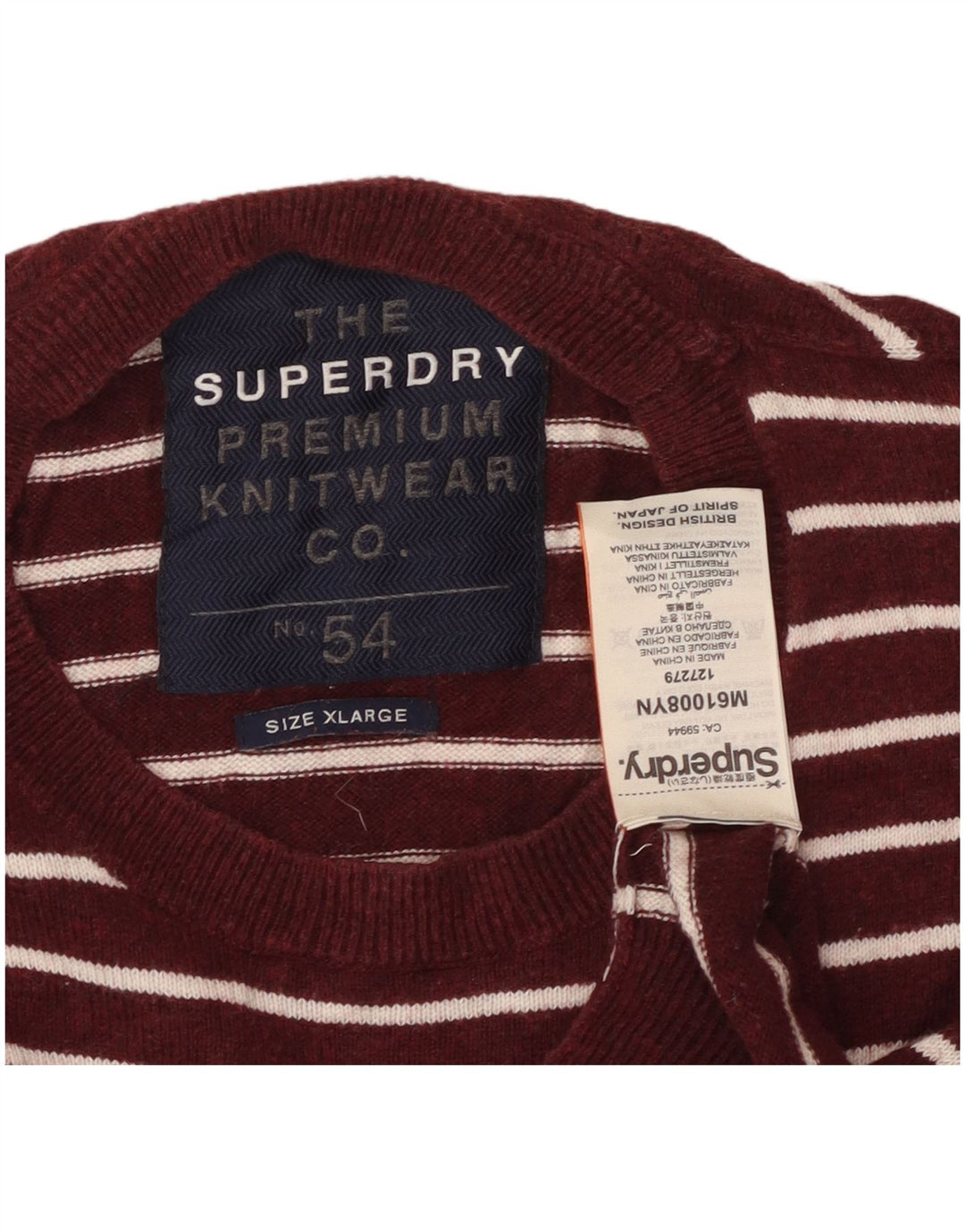 SUPERDRY Mens Crew Neck Jumper Sweater XL Maroon Striped Cotton