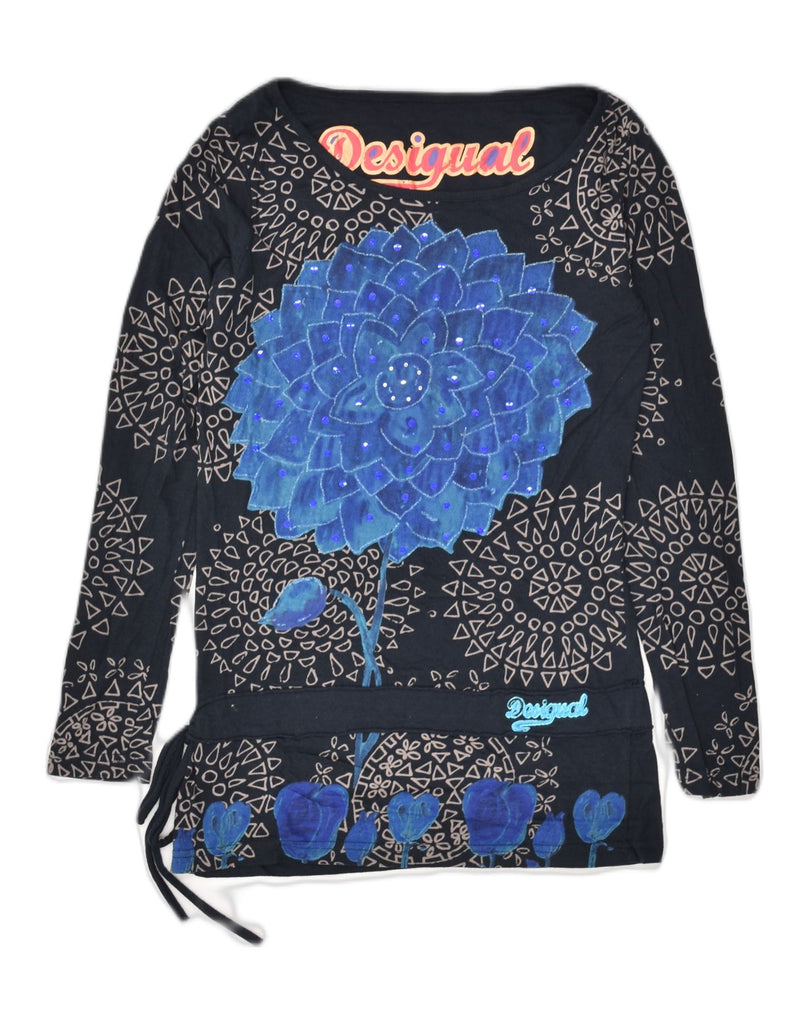 DESIGUAL Womens Graphic Top Long Sleeve UK 10 Small Navy Blue Floral | Vintage Desigual | Thrift | Second-Hand Desigual | Used Clothing | Messina Hembry 