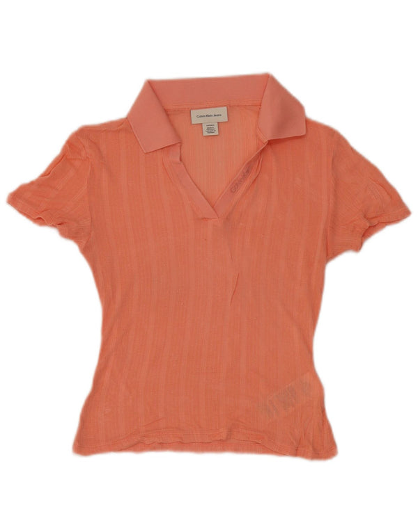 Calvin Klein Jeans Womens Polo Shirt UK 6 XS Orange Striped Modal