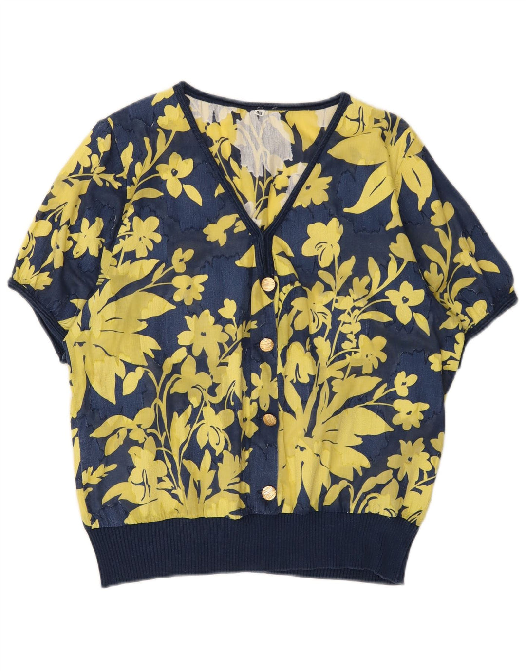 Vintage Womens Blouse Top IT 48 XL Navy Blue Floral Cotton
