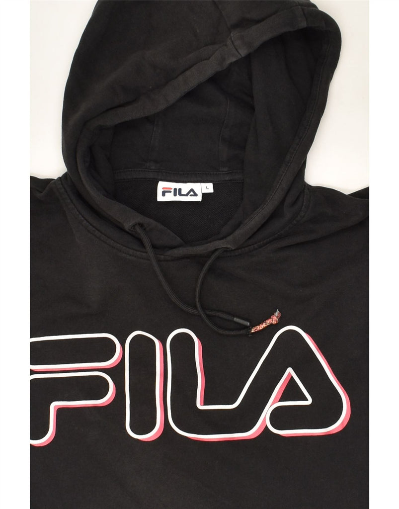 FILA Womens Crop Graphic Hoodie Jumper UK 16 Large Black Cotton | Vintage Fila | Thrift | Second-Hand Fila | Used Clothing | Messina Hembry 