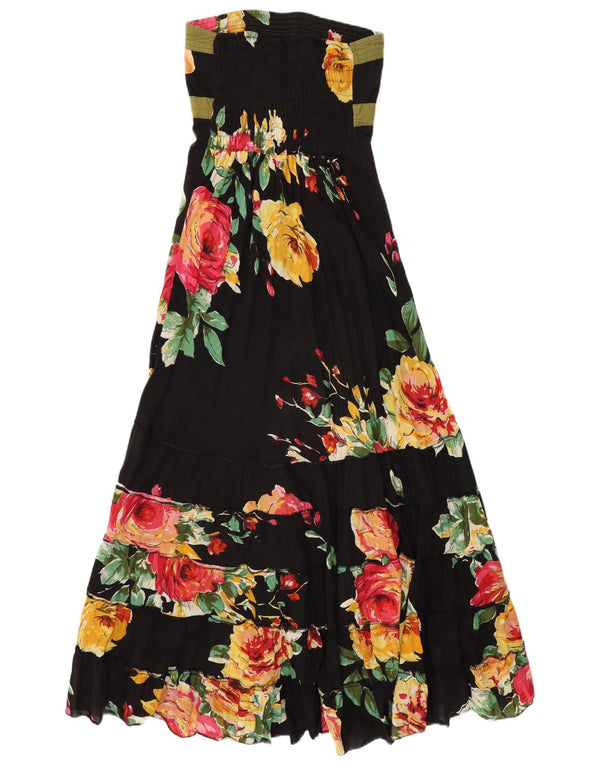 VINTAGE Womens Maxi Strapless Dress UK 14 Medium Black Floral Cotton