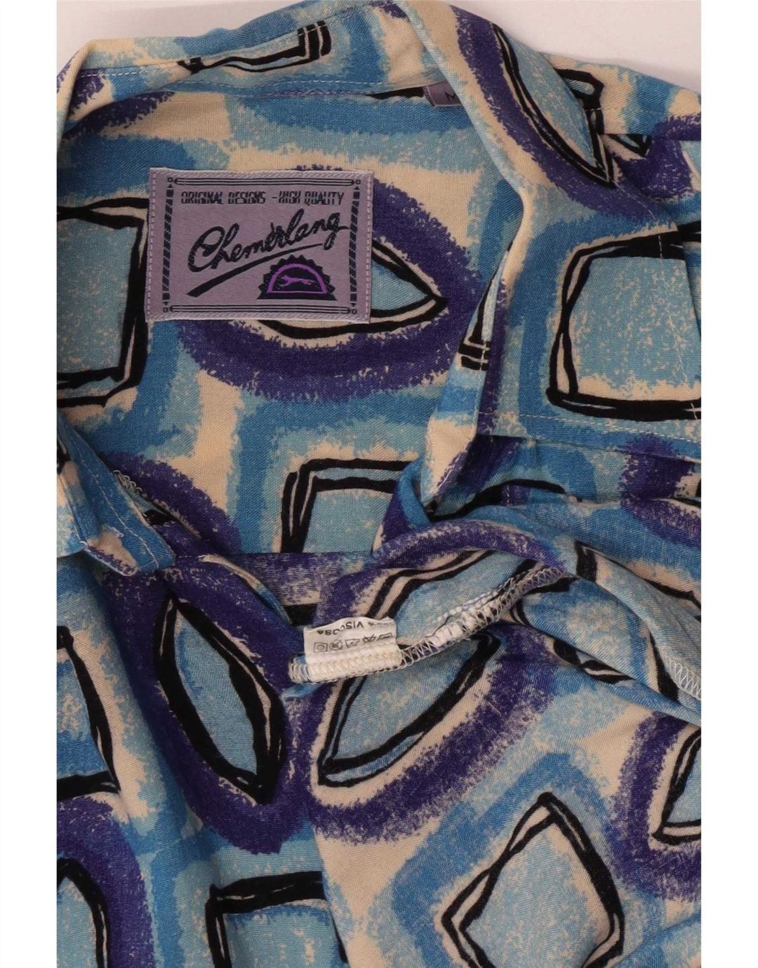 Vintage Mens Short Sleeve Shirt Medium Blue Geometric Viscose