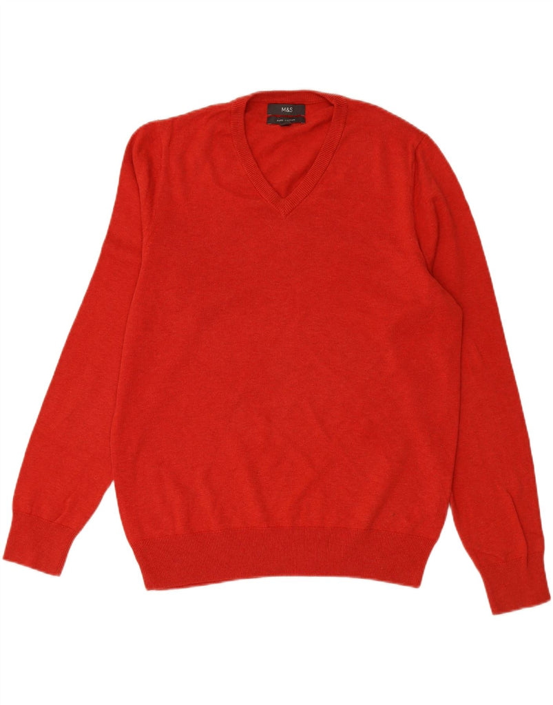 MARKS & SPENCER Mens V-Neck Jumper Sweater Medium Red Cotton Vintage Marks & Spencer and Second-Hand Marks & Spencer from Messina Hembry 