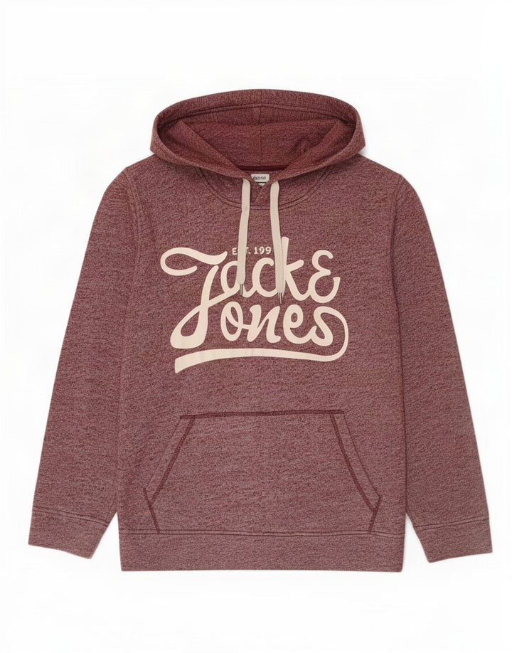 Jack & Jones Mens Graphic Hoodie Jumper Medium Burgundy Flecked Polyester