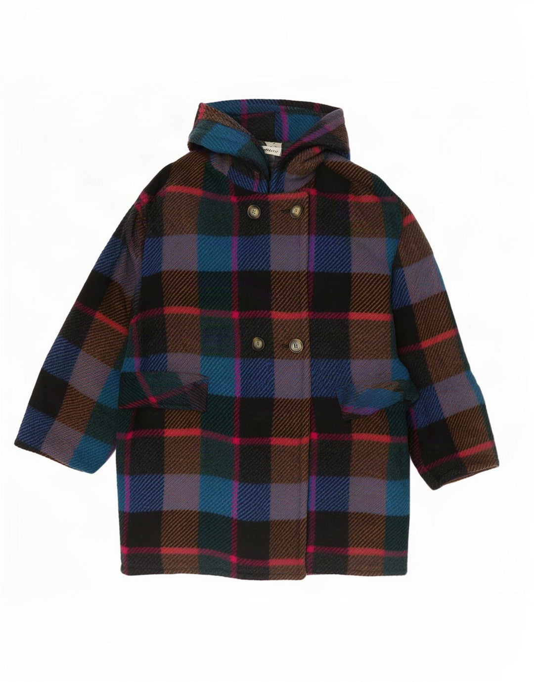 Vintage Womens Hooded Double Breasted Coat EU 44 XL Multicoloured Plaid