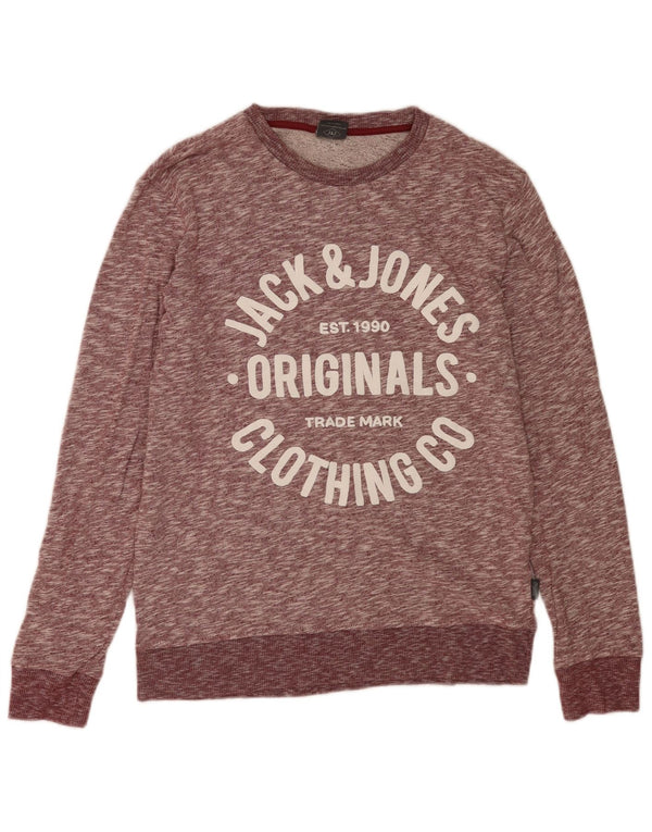 Jack & Jones Mens Graphic Sweatshirt Jumper Large Burgundy Flecked Cotton