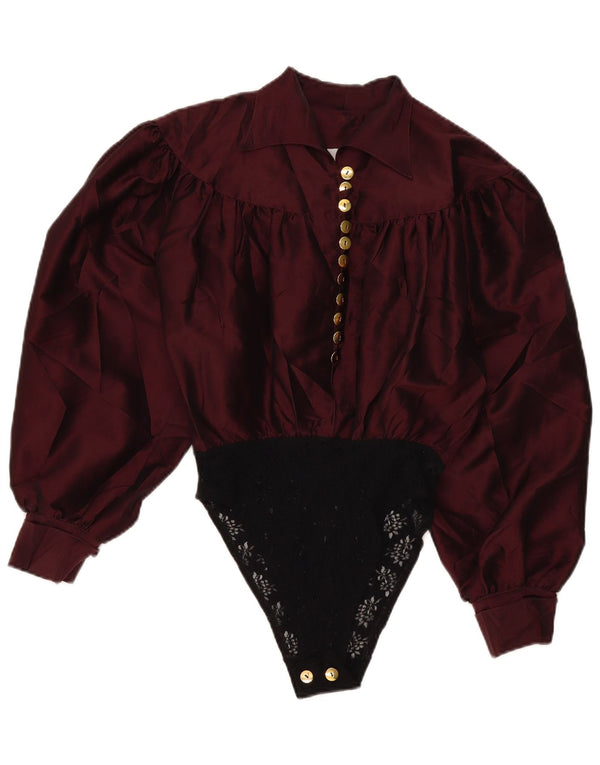 Vintage Womens Long Sleeve Shirt Bodysuit UK 16 Large Burgundy Colourblock