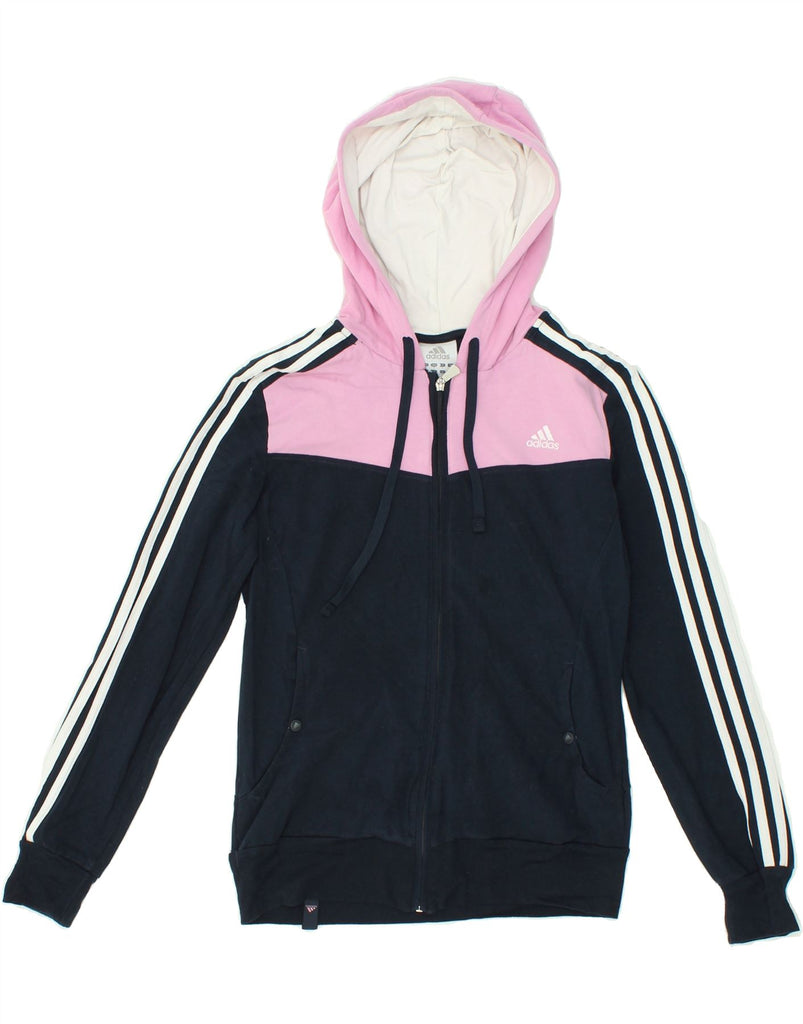 ADIDAS Womens Zip Hoodie Sweater UK 12 Medium Navy Blue Colourblock Cotton | Vintage Adidas | Thrift | Second-Hand Adidas | Used Clothing | Messina Hembry 