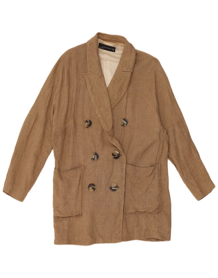 Zara Womens Longline Double Breasted Blazer Jacket UK 14 Medium Brown Linen