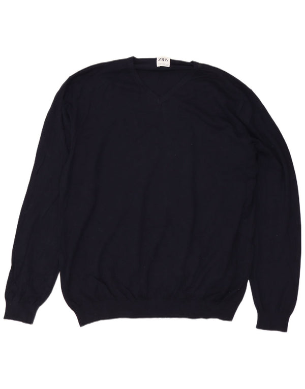 ZARA Mens V-Neck Jumper Sweater 2XL Navy Blue Viscose