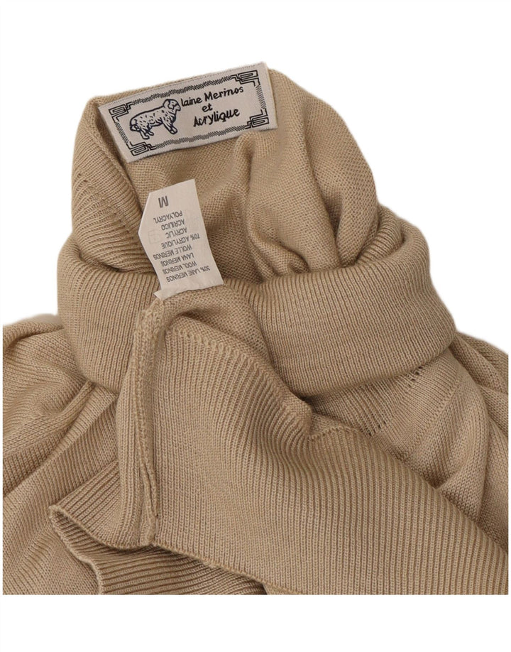 Vintage Mens Roll Neck Jumper Sweater Medium Beige Wool