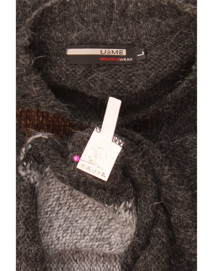 Vintage Mens Crew Neck Jumper Sweater Large Grey Argyle/Diamond Acrylic