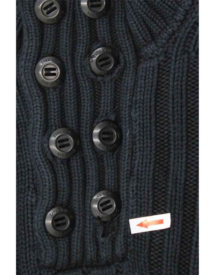 Zara Mens Button Neck Jumper Sweater Large Navy Blue Cotton