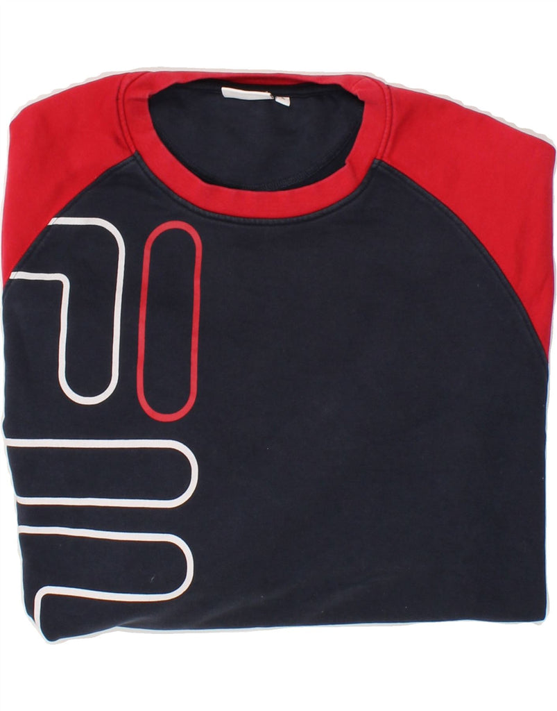 FILA Mens Graphic Sweatshirt Jumper Small Navy Blue Colourblock Cotton Vintage Fila and Second-Hand Fila from Messina Hembry 