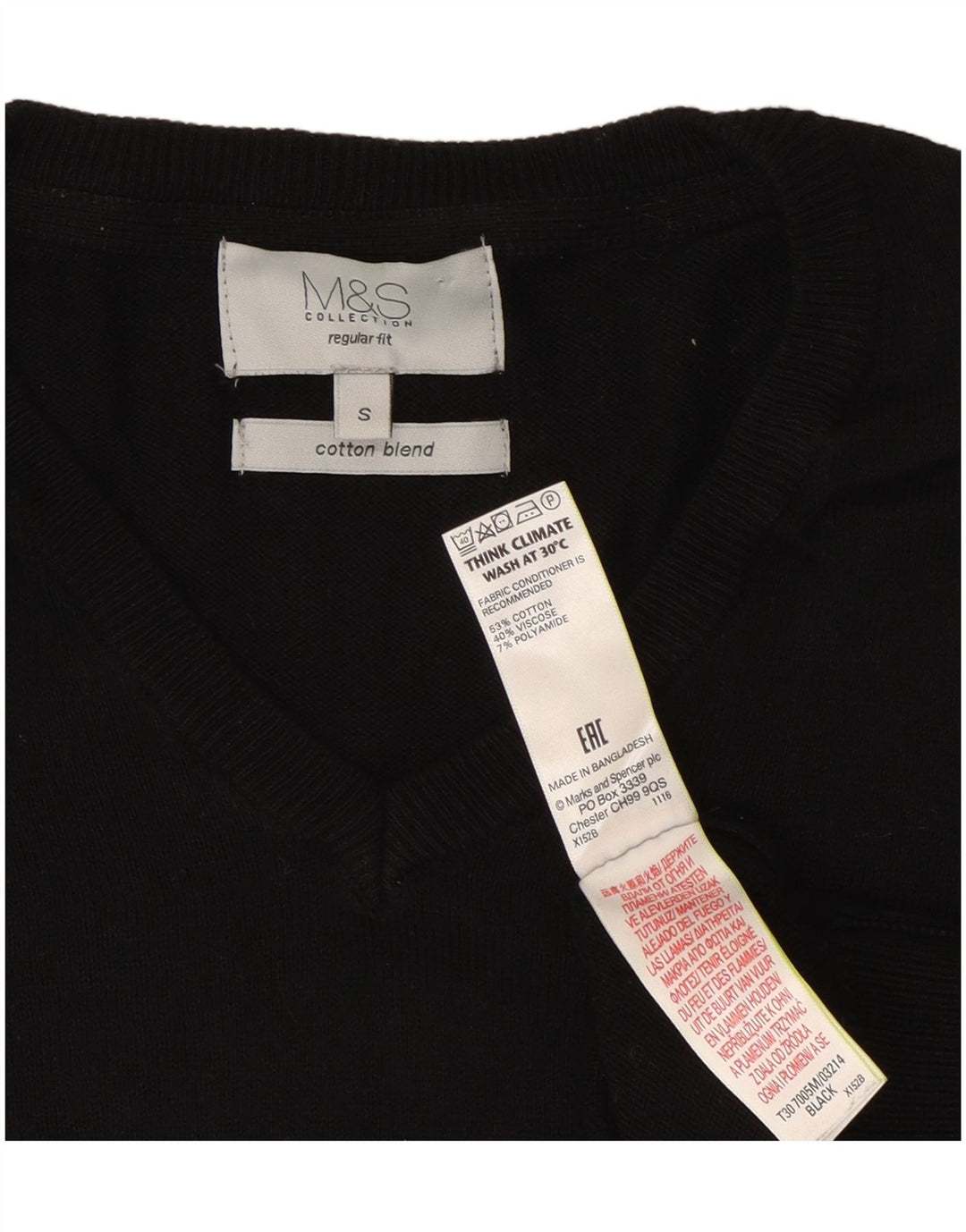 Marks & Spencer Mens Regular Fit V-Neck Jumper Sweater Small Black Cotton