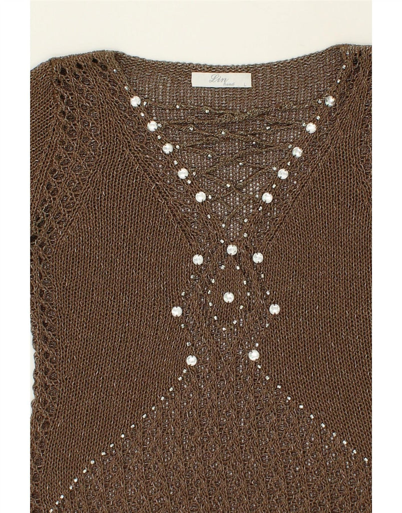 VINTAGE Womens Crop Short Sleeve V-Neck Jumper Sweater UK 14 Large Brown Vintage Vintage and Second-Hand Vintage from Messina Hembry 