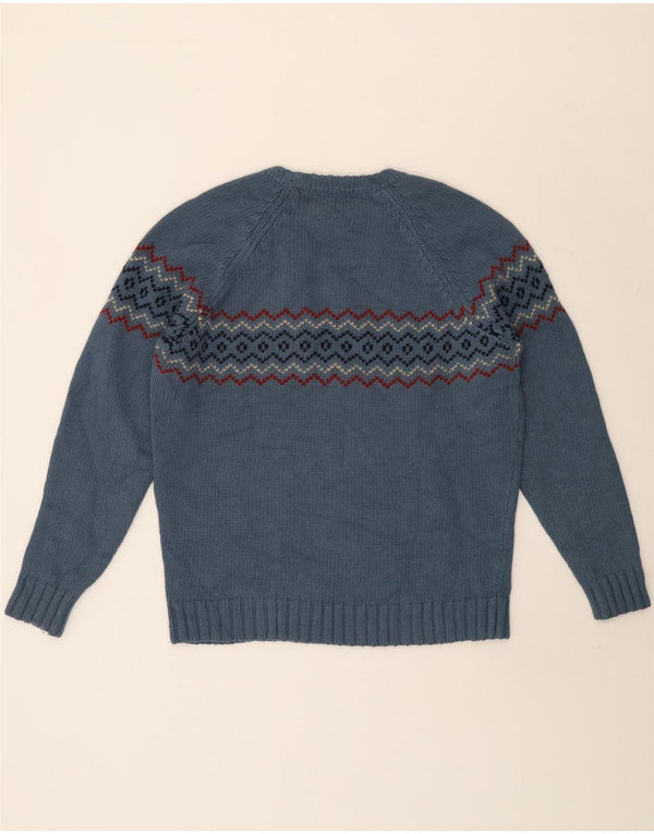 Massimo Dutti Mens Crew Neck Jumper Sweater Large Blue Fair Isle Wool