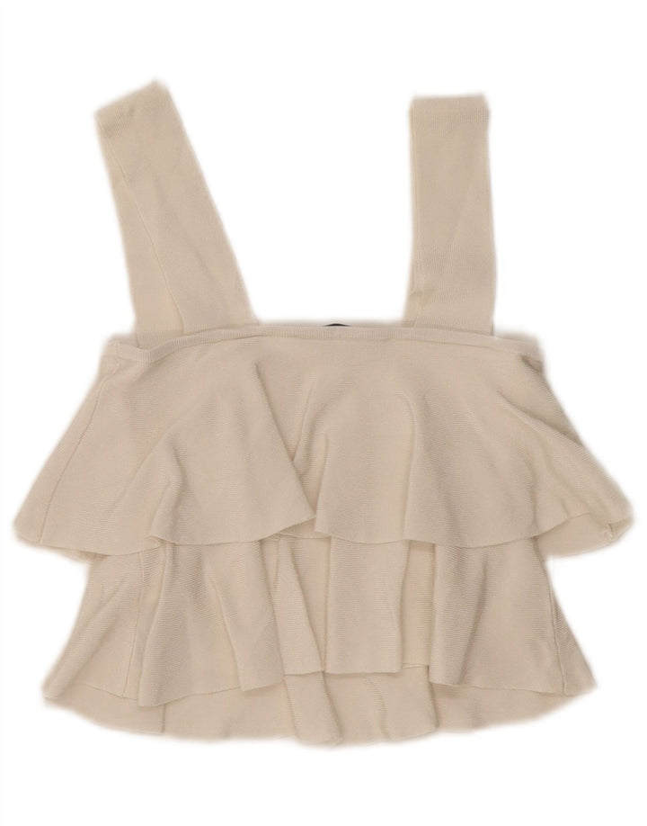 Zara Womens Crop Ruffle Front Cami Top UK 8 Small Off White Viscose
