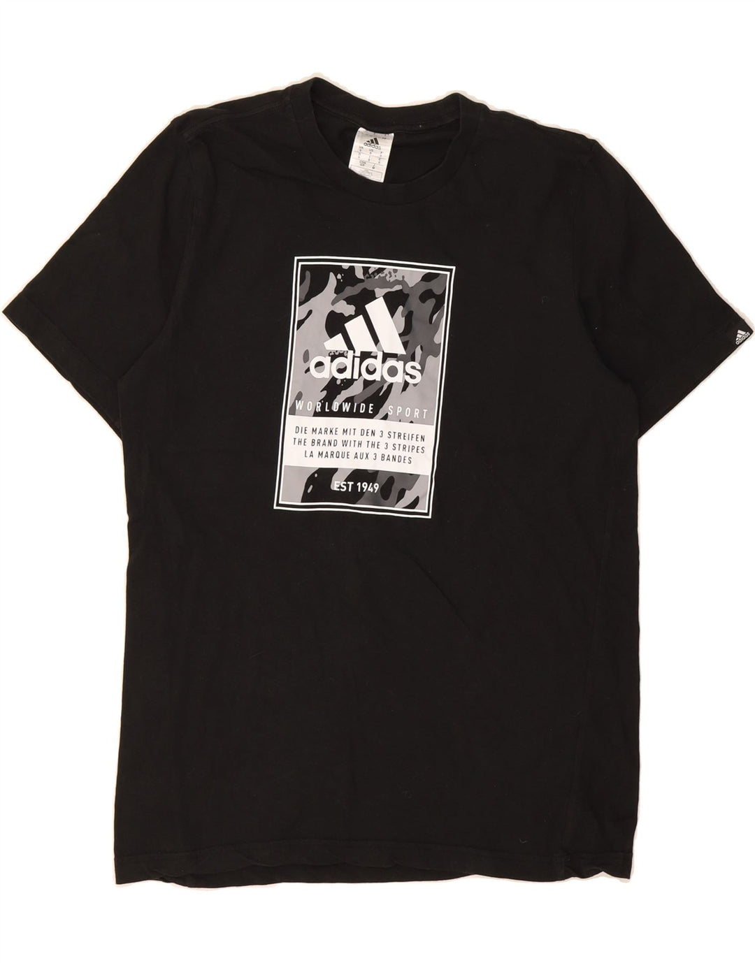 ADIDAS Mens Graphic T-Shirt Top Small Black Cotton Vintage Adidas and Second-Hand Adidas from Messina Hembry 