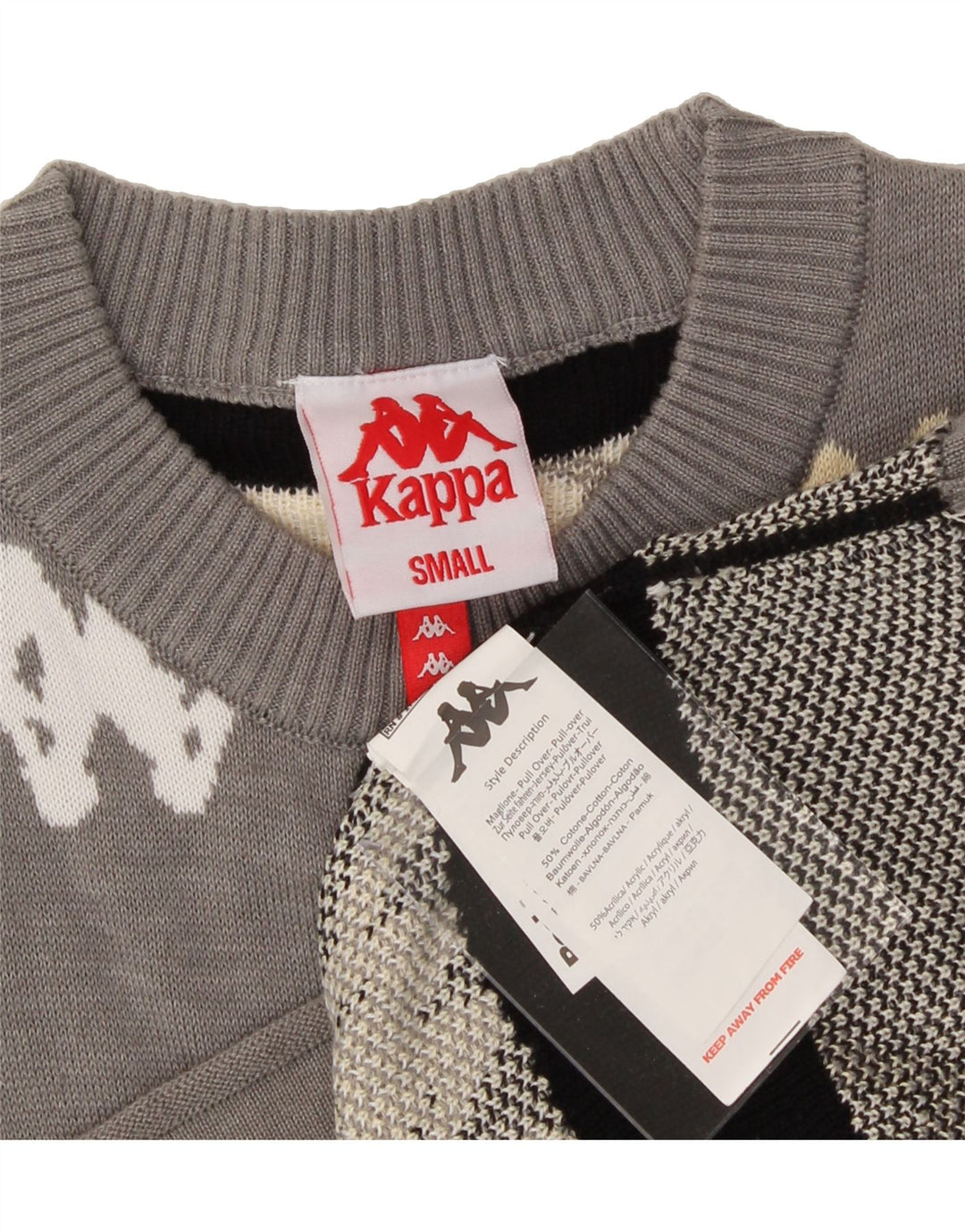 KAPPA Mens Graphic Crew Neck Jumper Sweater Small Grey Cotton Vintage Kappa and Second-Hand Kappa from Messina Hembry 
