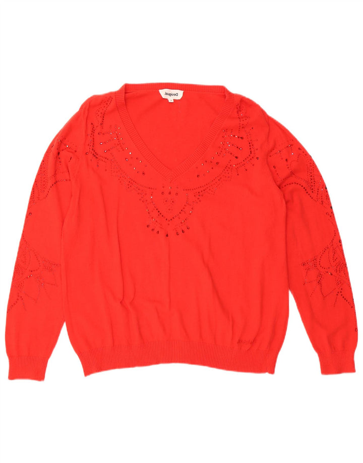 Desigual Womens Oversized V-Neck Jumper Sweater UK 10 Small Red