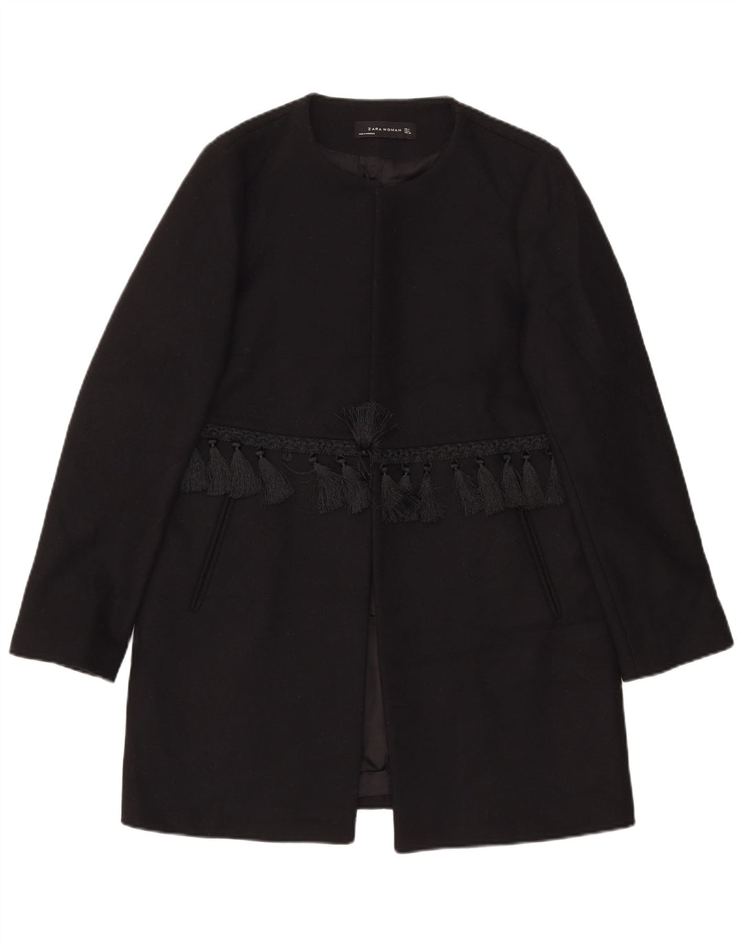 Zara Womens Open Overcoat UK 16 Large Black Wool