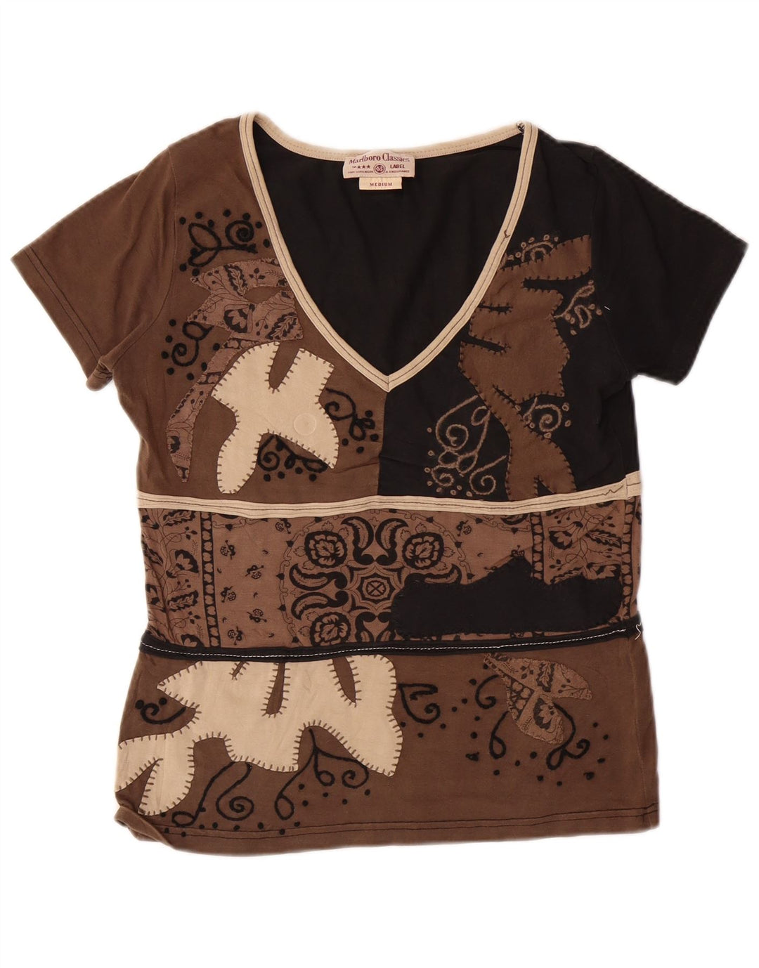 MARLBORO CLASSICS Womens T-Shirt Top UK 12 Medium Brown Paisley Cotton