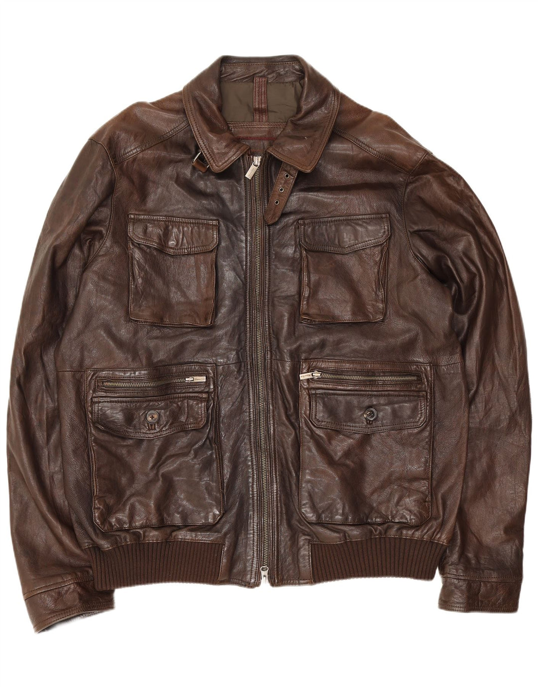 Massimo Dutti Mens Leather Utility Jacket UK 44 2XL Brown