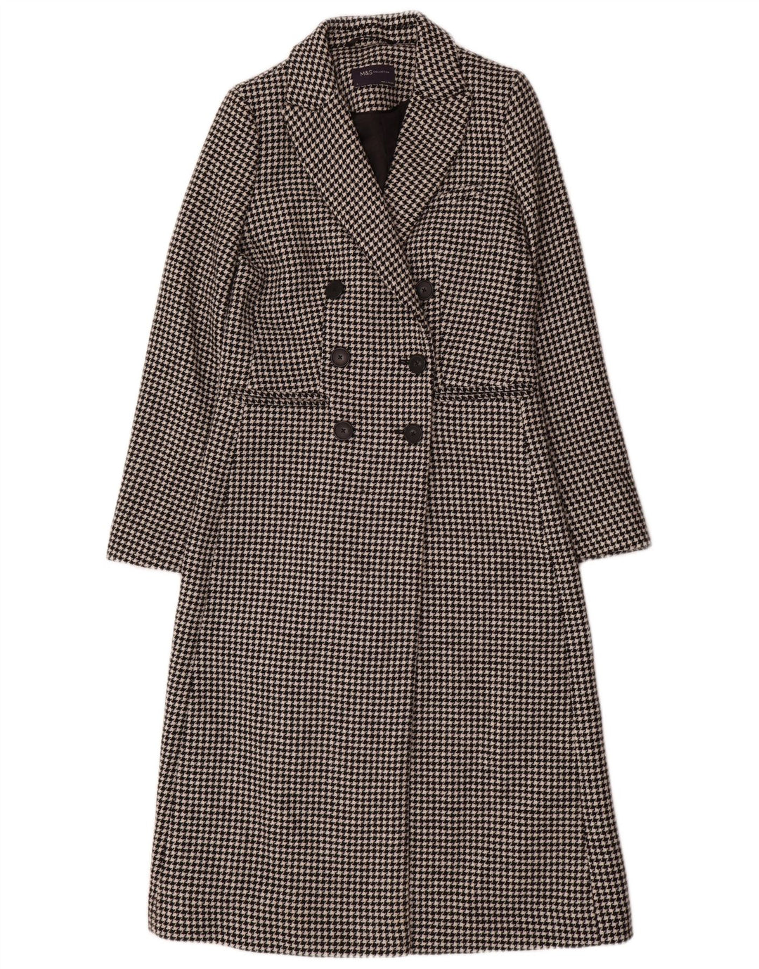 Marks & Spencer Womens Double Breasted Coat UK 8 Small Black Houndstooth