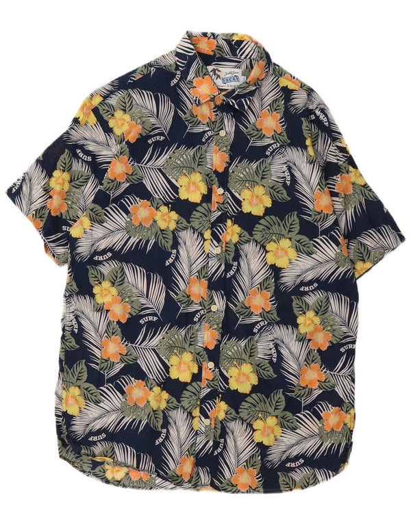 Jack & Jones Mens Short Sleeve Shirt Large Navy Blue Floral Cotton Hawaiian