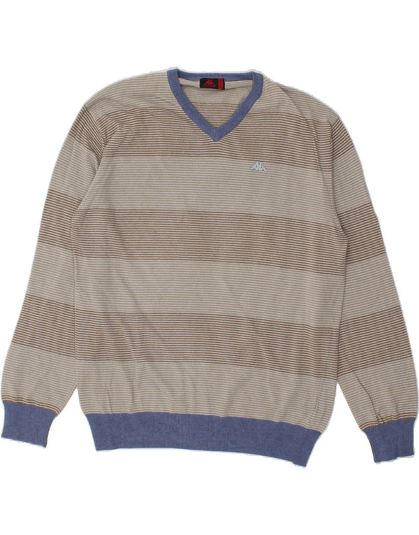 KAPPA Mens V-Neck Jumper Sweater 2XL Grey Striped Merino Wool