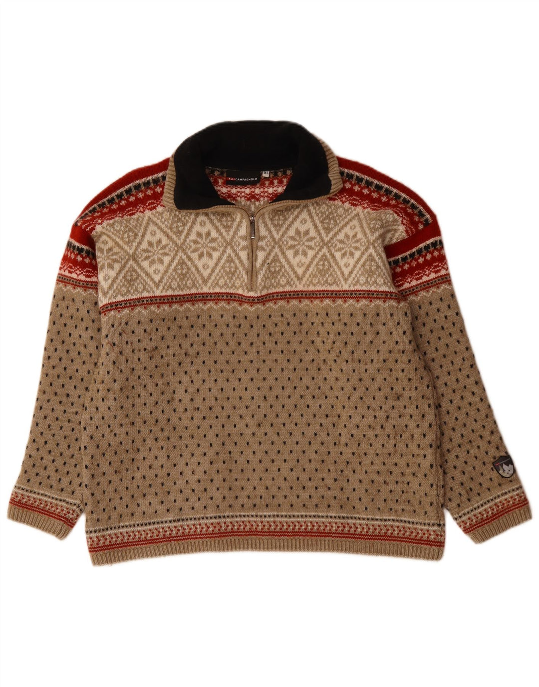 CAMPAGNOLO Mens Zip Neck Jumper Sweater XL Beige Fair Isle Wool