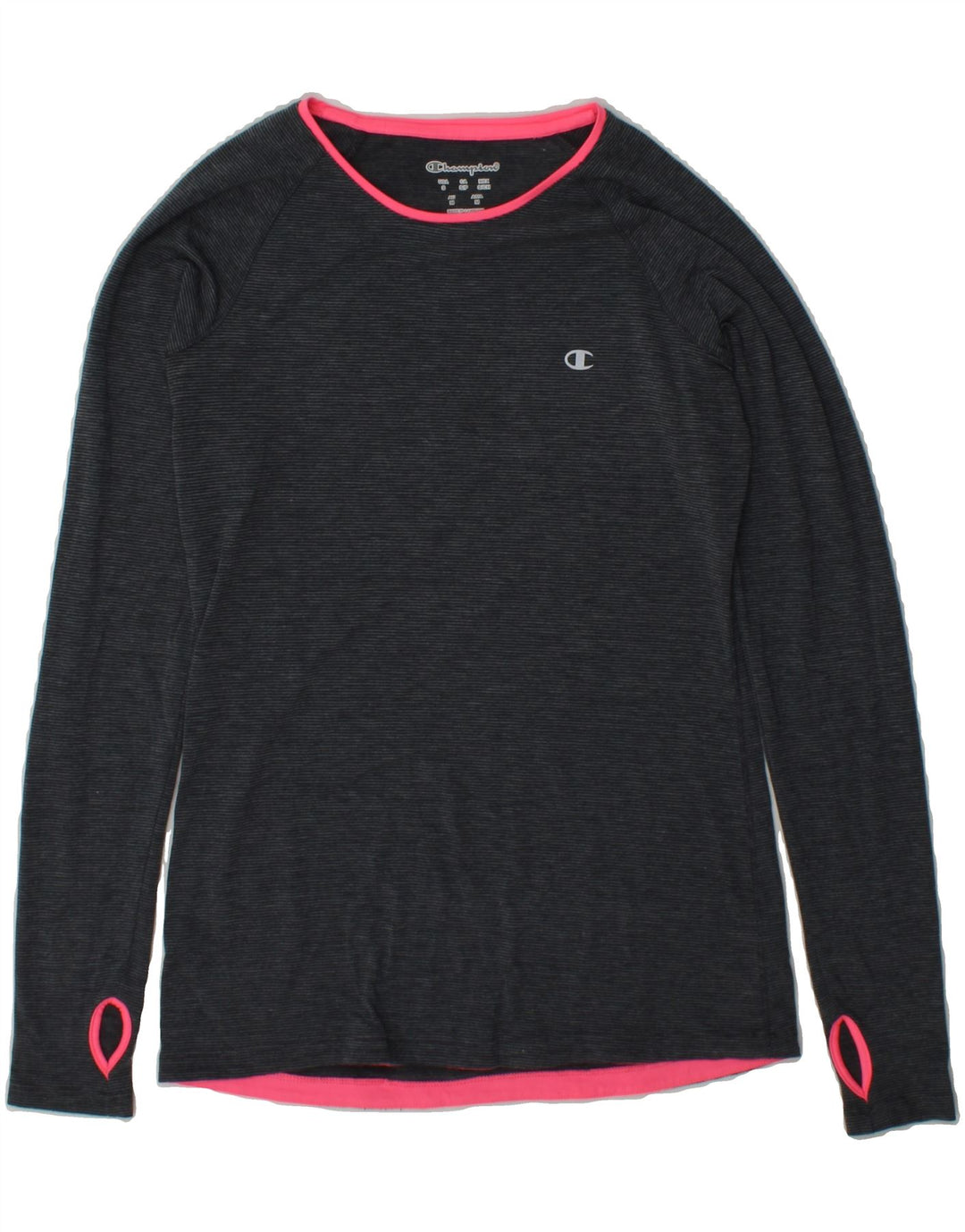 CHAMPION Womens Top Long Sleeve UK 10 Small Grey Pinstripe Polyester Vintage Champion and Second-Hand Champion from Messina Hembry 
