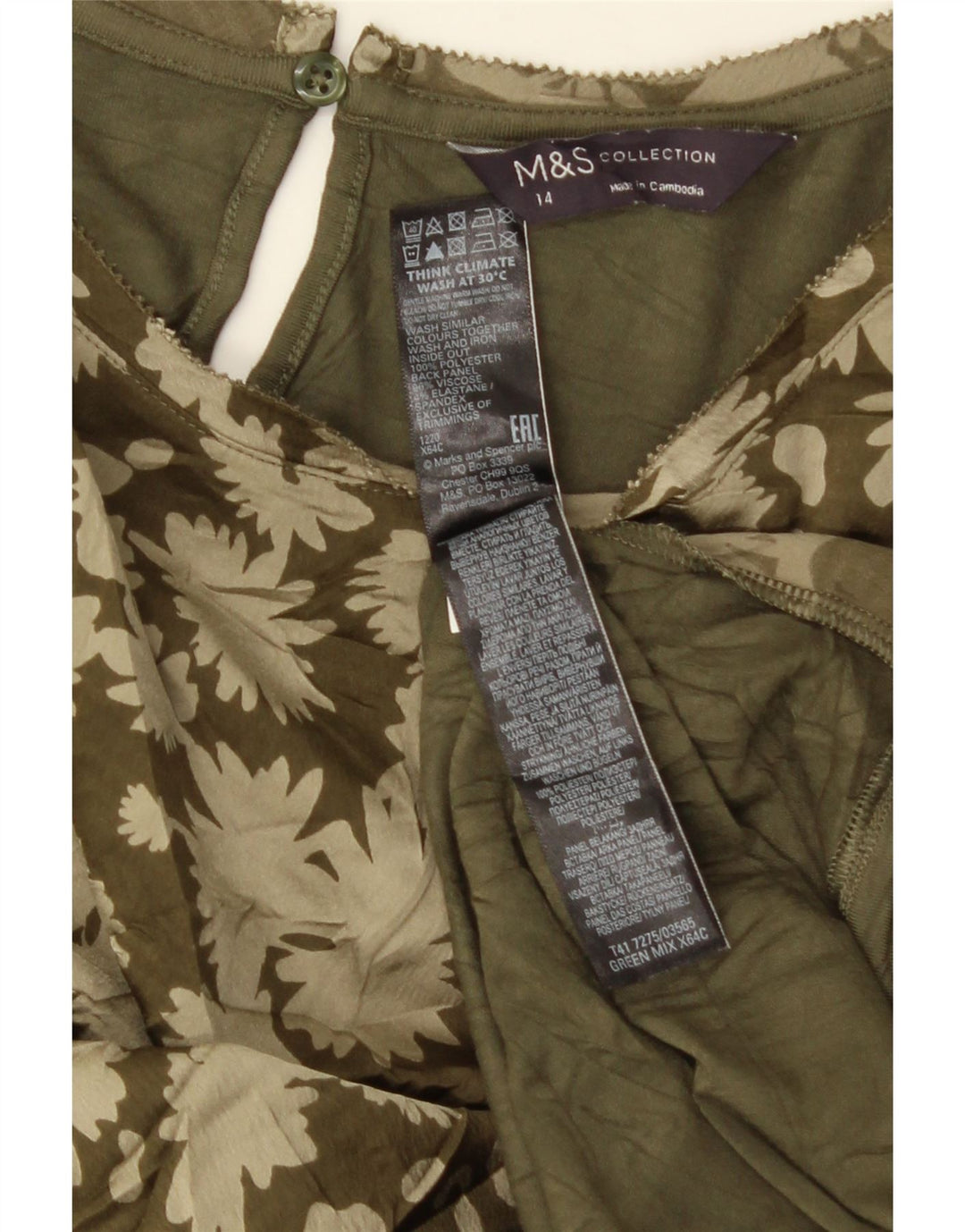 Marks & Spencer Womens T-Shirt Top UK 14 Large  Green Floral Polyester